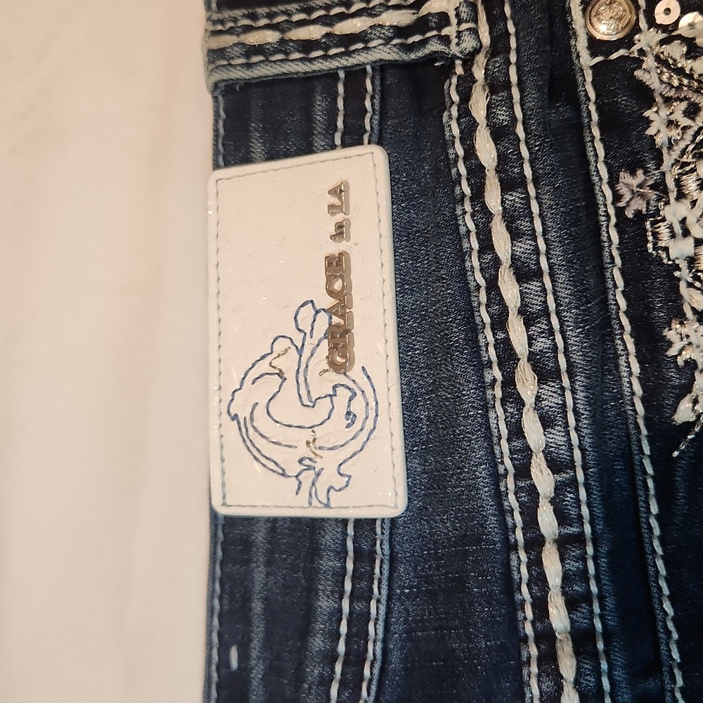 Grace | Dark Wash Denim Shorts | White Embroidered Stitching - Picture 2 of 7